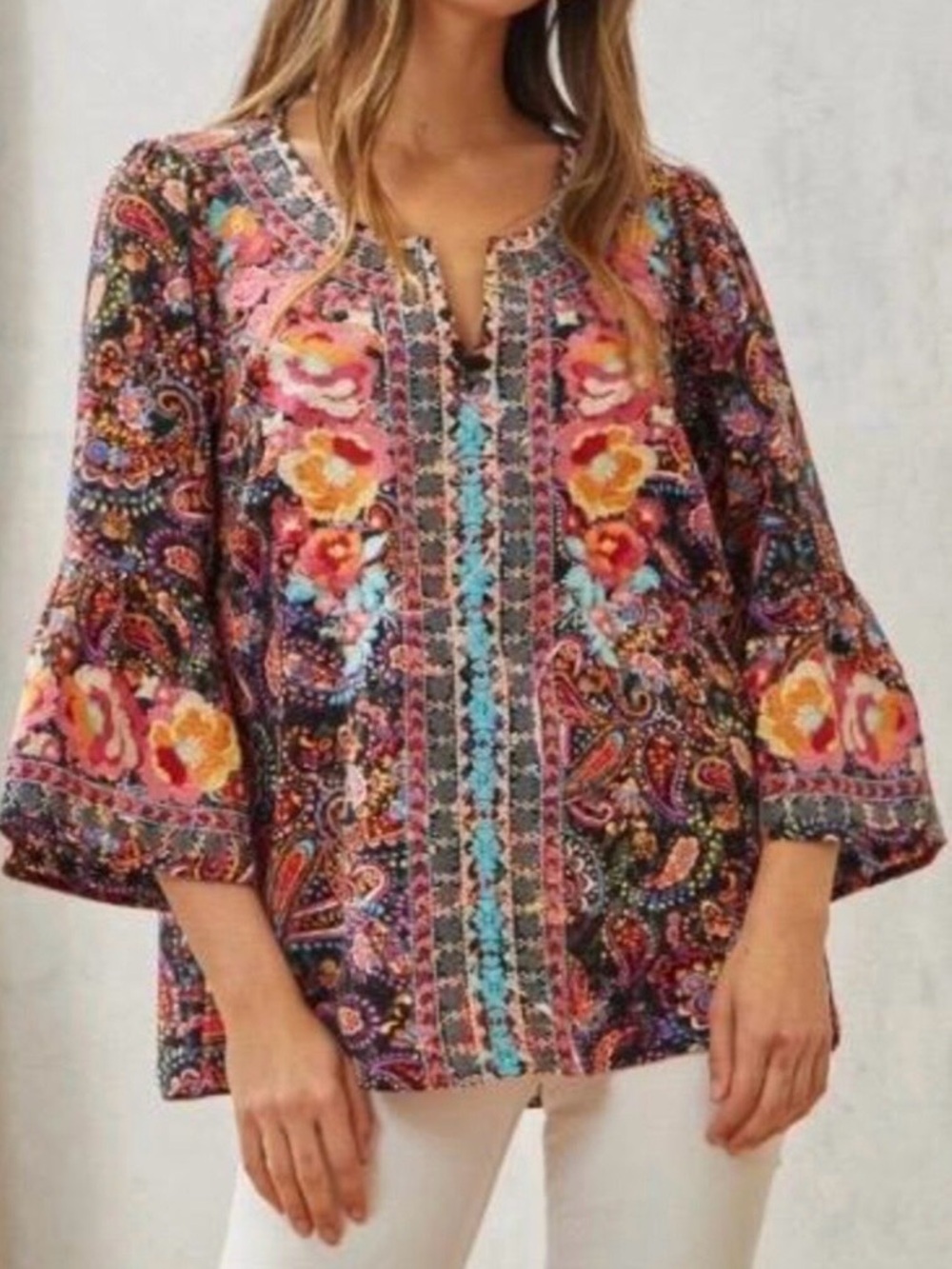 Savanna Jane Embroidered Floral Paisley Boho Tunic Blouse Small